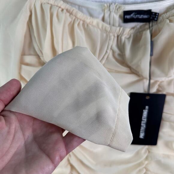 Cream Ruched Long Sleeve Mini Prom Dress Sheer Sleeves Square Neck‎ Bodycon Sz S - Picture 9 of 16